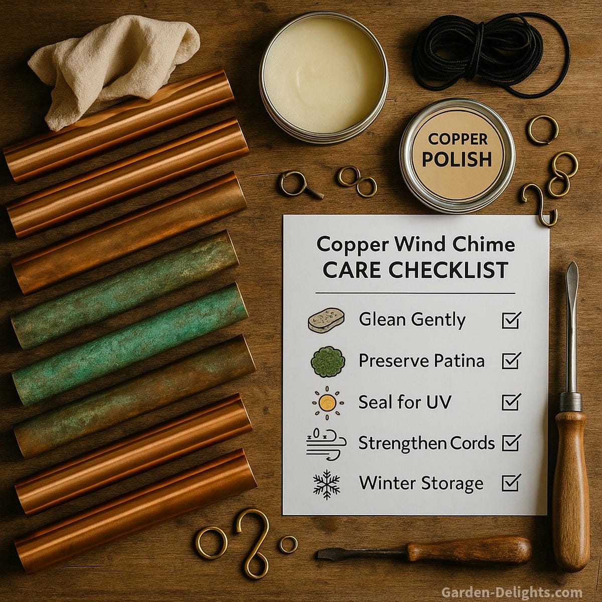 Overhead view of a copper wind chime care workshop table with polished and verdigris tubes side-by-side, a maintenance checklist for cleaning and patina preservation, microcrystalline wax tin, hooks, cords, and weather icons symbolizing seasonal protection and Feng Shui harmony