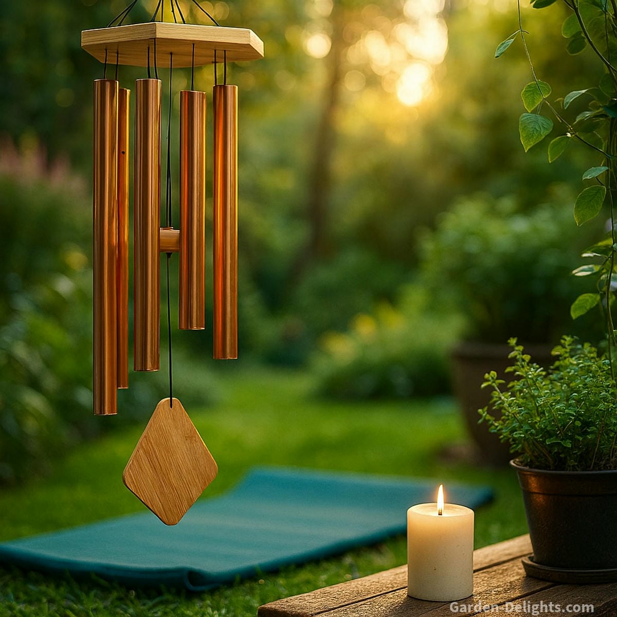 Copper wind chime swaying softly beside a garden meditation space with a yoga mat, flickering candle, and potted herbs symbolizing healing energy, stillness, and emotional grounding