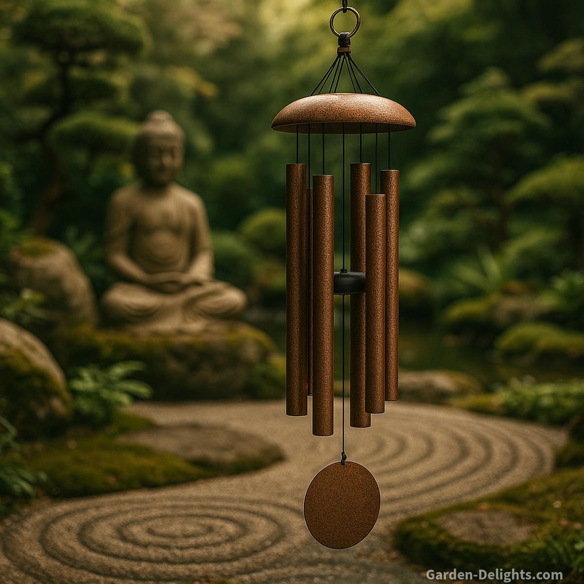 copper wind chimes in garden with calm airflow and soft resonance