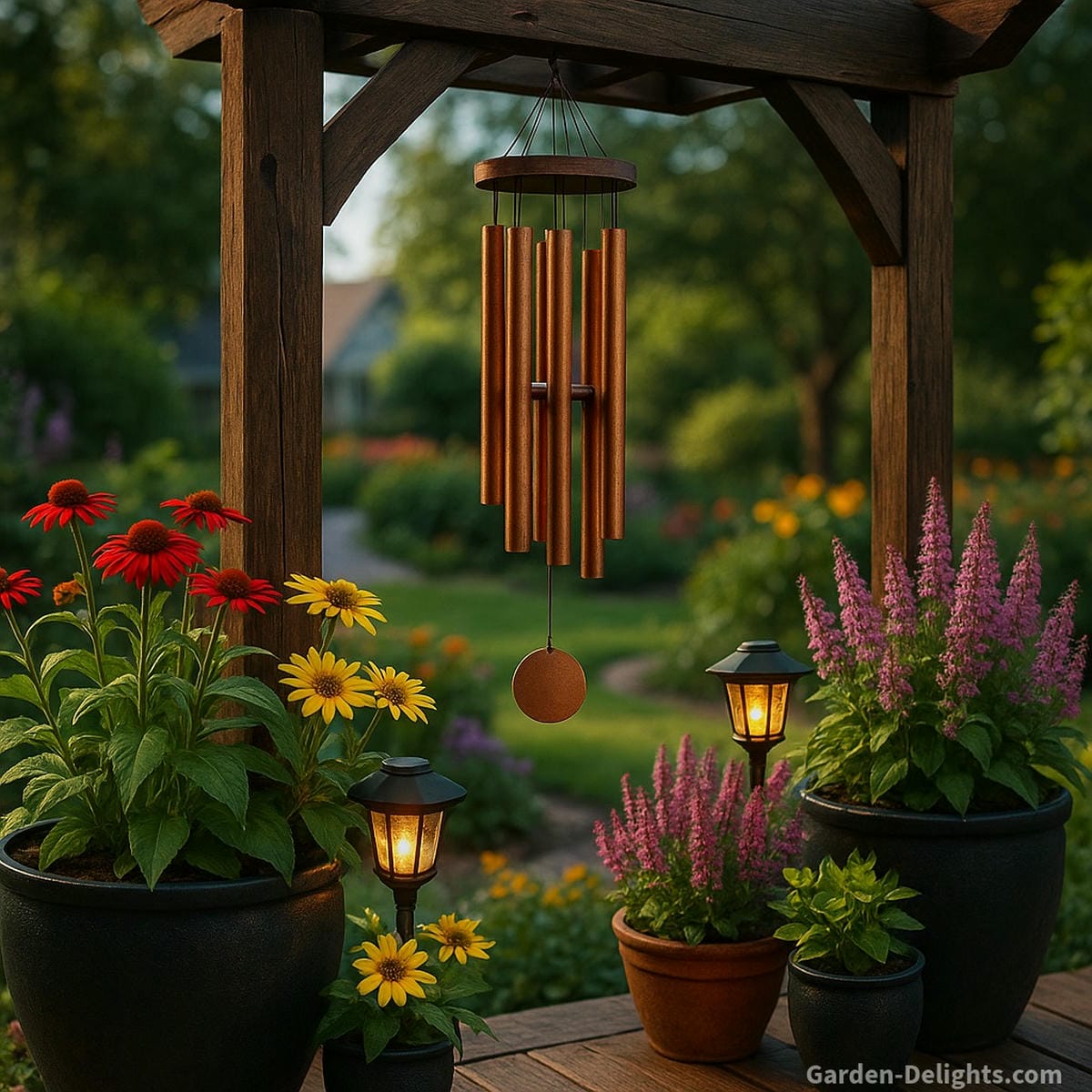 Feng Shui copper wind chimes hanging from a rustic pergola, framed by tall flowering planters, solar garden lights, and seasonal décor for meditation, sound therapy, and stylish outdoor living
