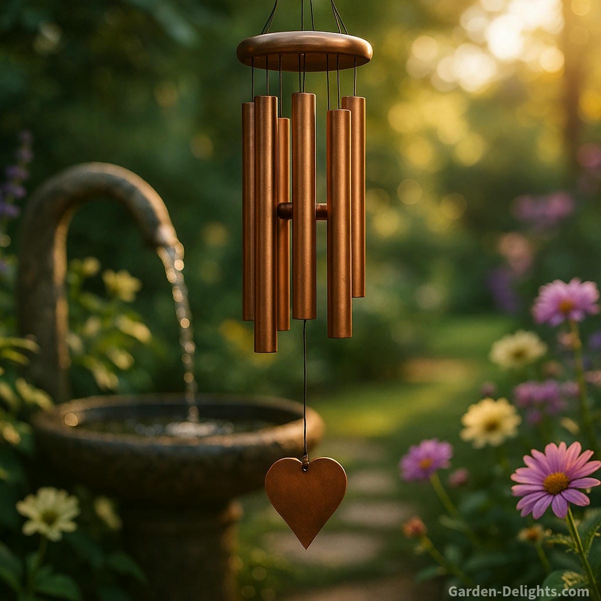 Copper wind chimes hanging near a tranquil water feature in a memorial garden, surrounded by blooming flowers and soft sunlight symbolizing healing, spiritual balance, and positive Chi flow