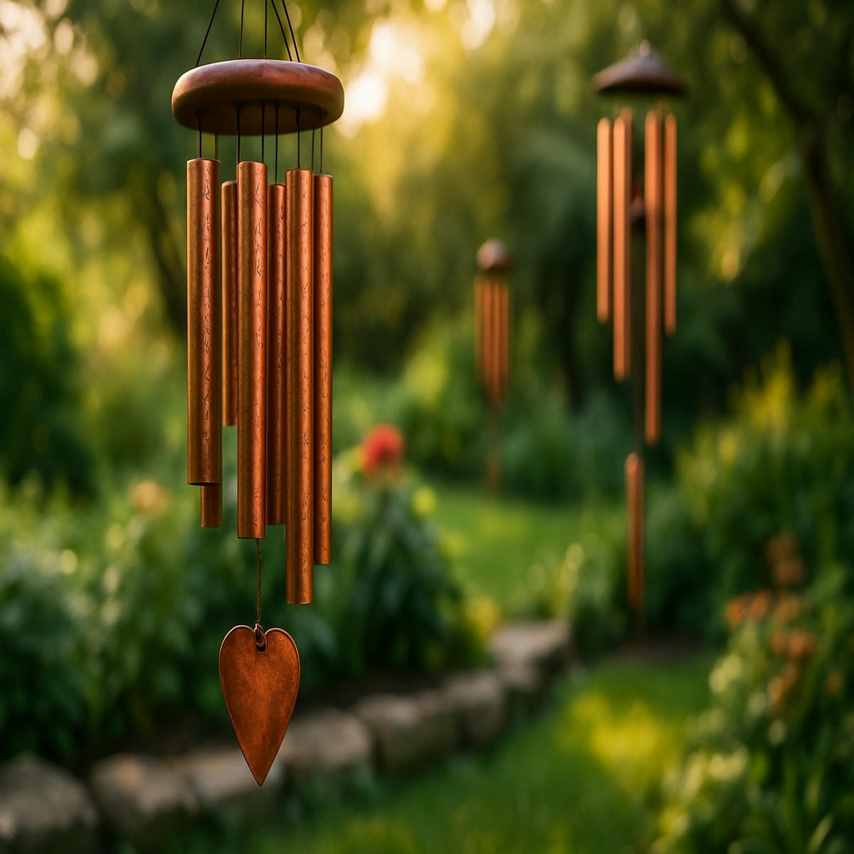 Handcrafted copper wind chimes swaying in a sunlit garden, casting warm tones and patina glow perfect for outdoor decor, meditative ambiance, and soothing melodic resonance