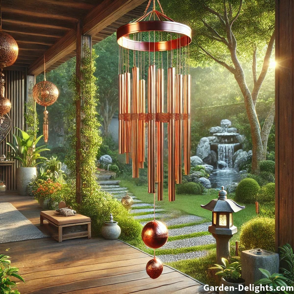Copper wind chimes swaying in a landscaped garden with a wooden patio, meditation space, water fountain, and decorative stone pathway, adding harmony and Feng Shui balance