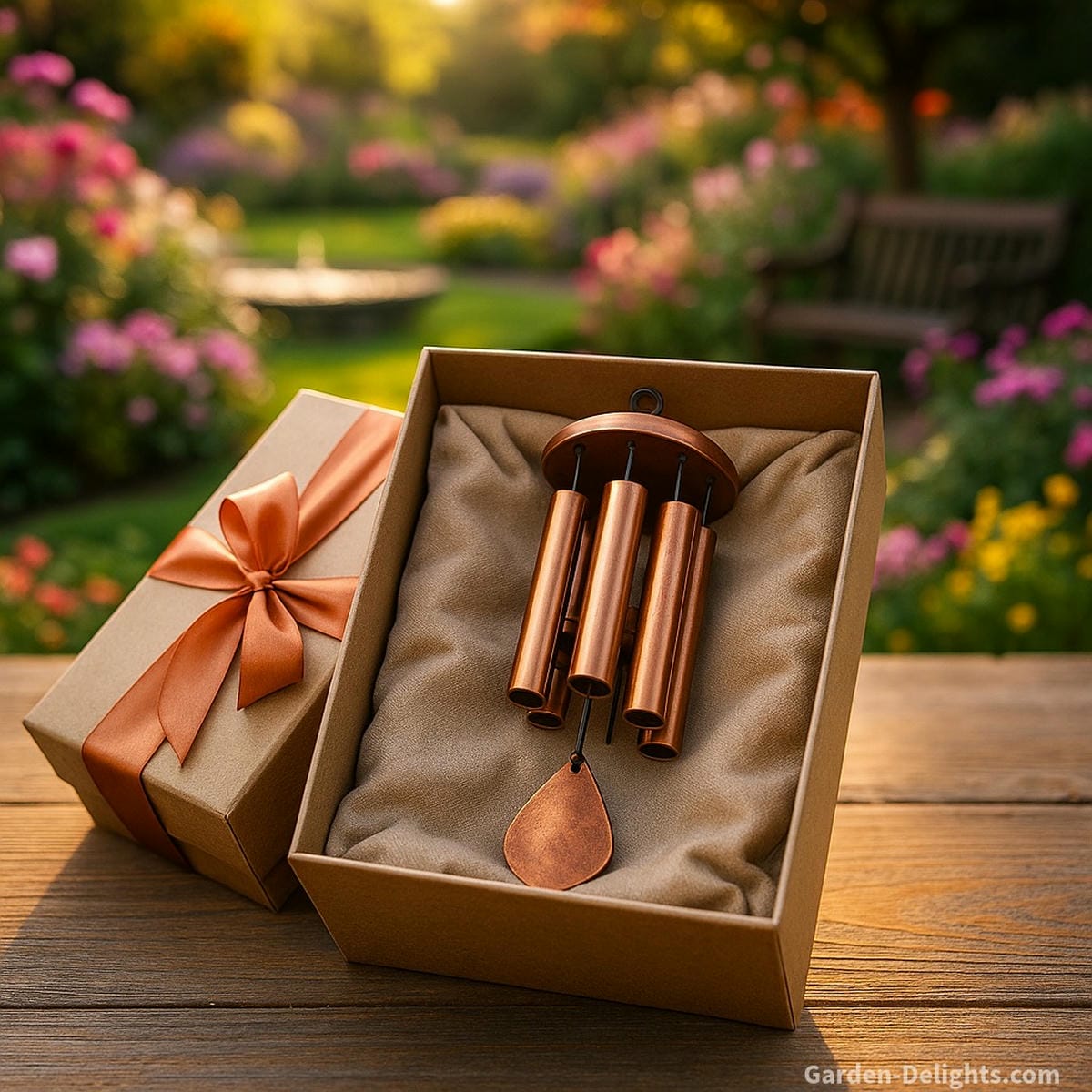 Copper wind chimes presented as a heartfelt memorial gift, resting in a ribbon-wrapped box within a peaceful flower garden symbolizing healing, remembrance, and emotional comfort