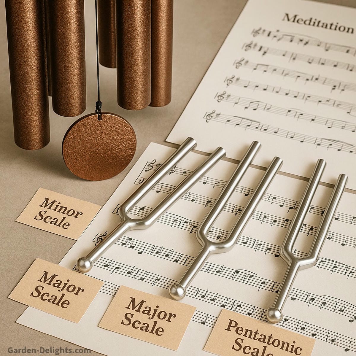 Close-up of copper wind chimes tuned to different musical scales, including pentatonic, major, and minor keys, displayed with tuning forks and sheet music for meditation, feng shui, and outdoor sound therapy