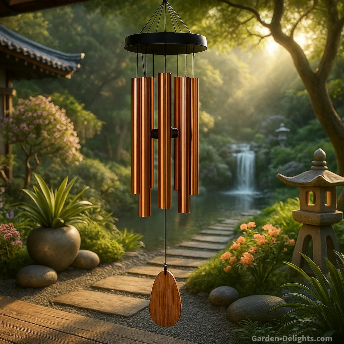 copper wind chimes in meditation garden with calm airflow