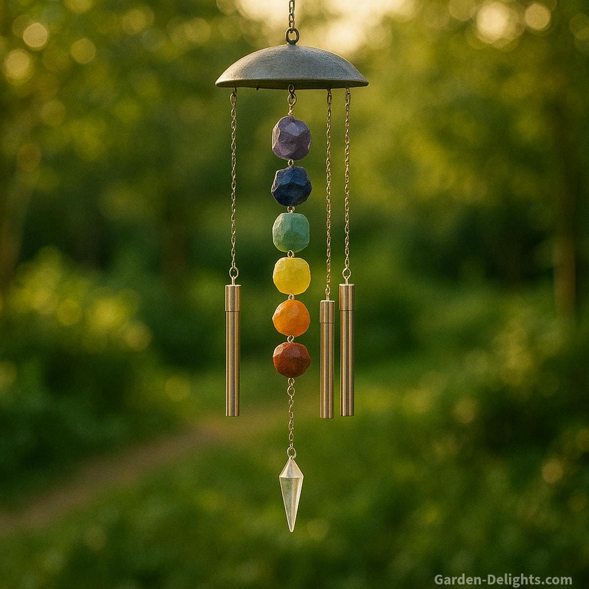 Chakra wind chimes with seven crystal stones amethyst, lapis, sodalite, green aventurine, yellow calcite, carnelian, and red jasper hanging in sunlight, radiating balanced energy, sound healing, and spiritual alignment