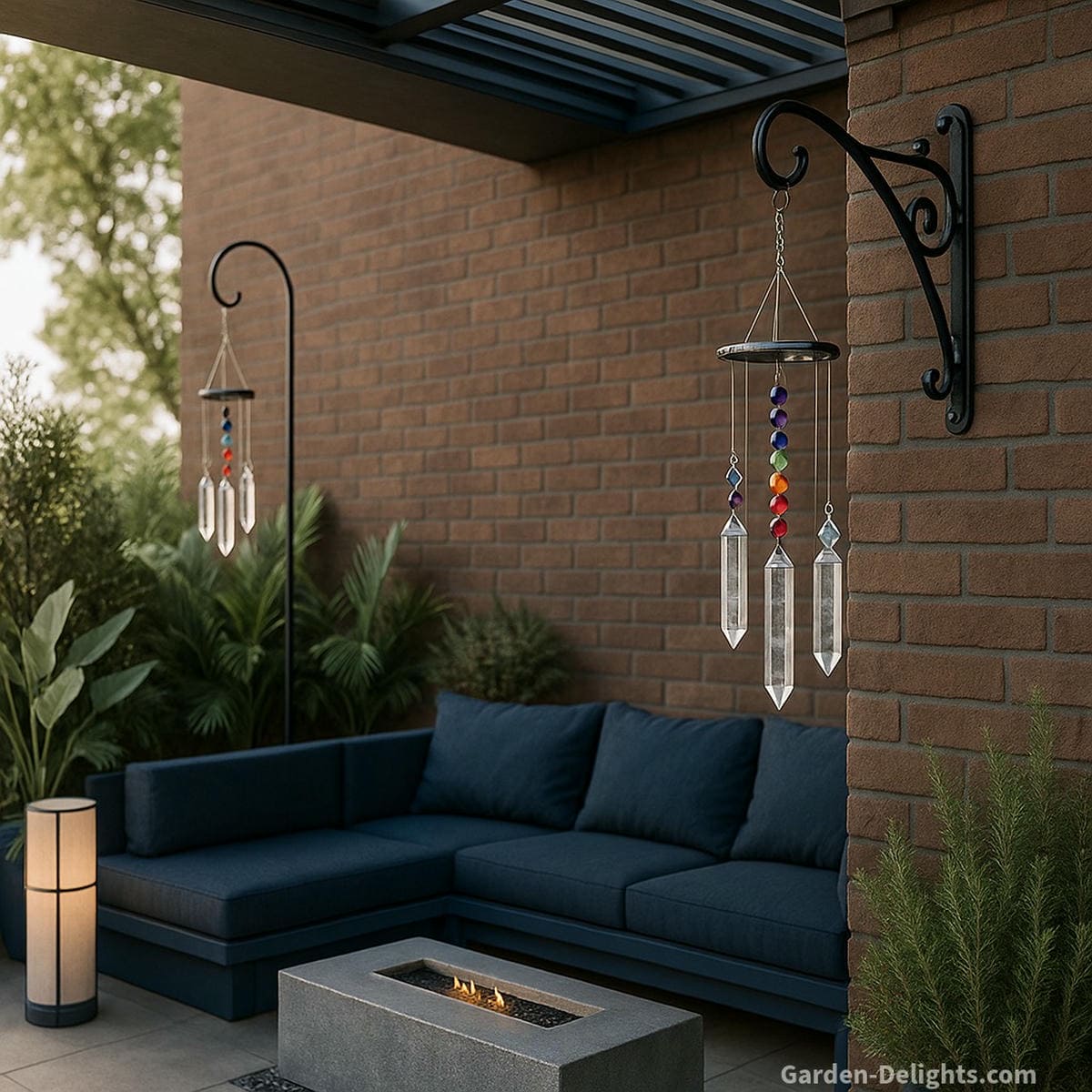 crystal wind chimes on modern patio with prism light