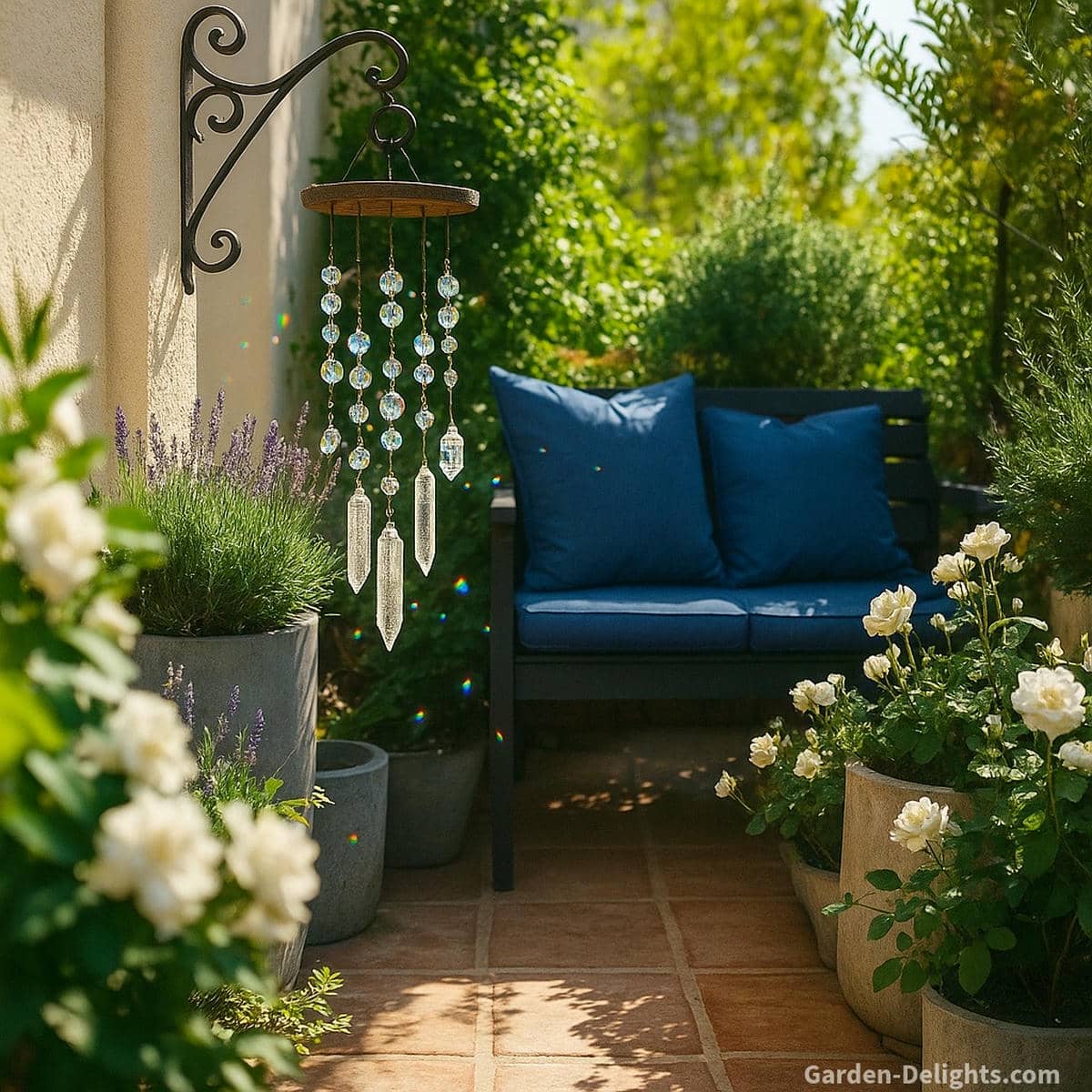 Crystal wind chimes with quartz prisms hanging from a decorative wall hook beside a black bench with blue cushions symbolizing chakra alignment, Feng Shui serenity, and energy cleansing in a peaceful garden retreat