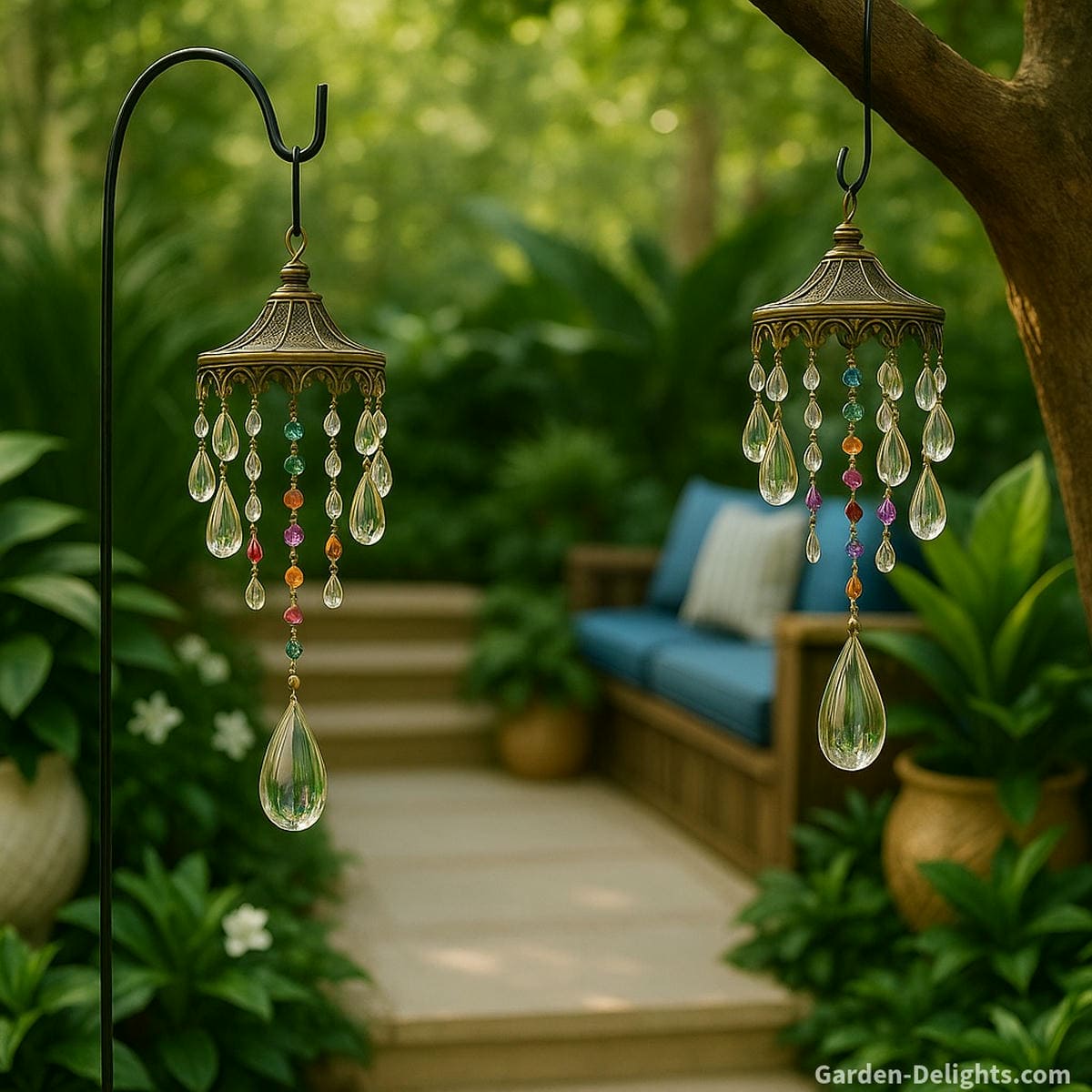 crystal wind chimes with chakra beads reflecting light