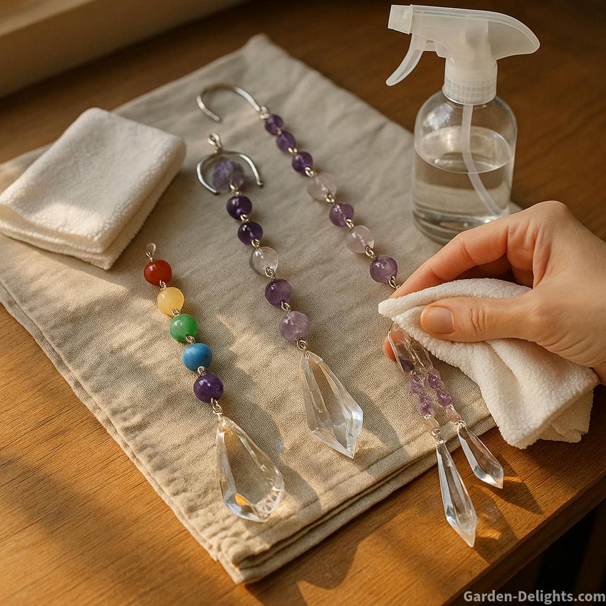 Crystal wind chimes laid on a cloth-covered table with a spray bottle and hand cleaning amethyst and quartz strands restoring prism clarity, chakra energy, and spiritual sound resonance