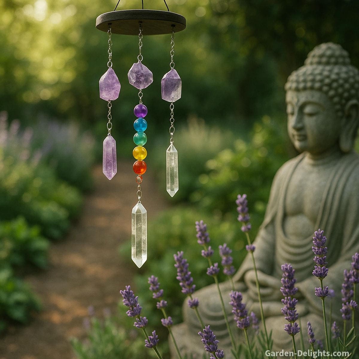 Crystal wind chimes featuring quartz, amethyst, and chakra stones gently swaying in a healing garden beside lavender and Buddha statue symbolizing chakra alignment, energy healing, and emotional clarity