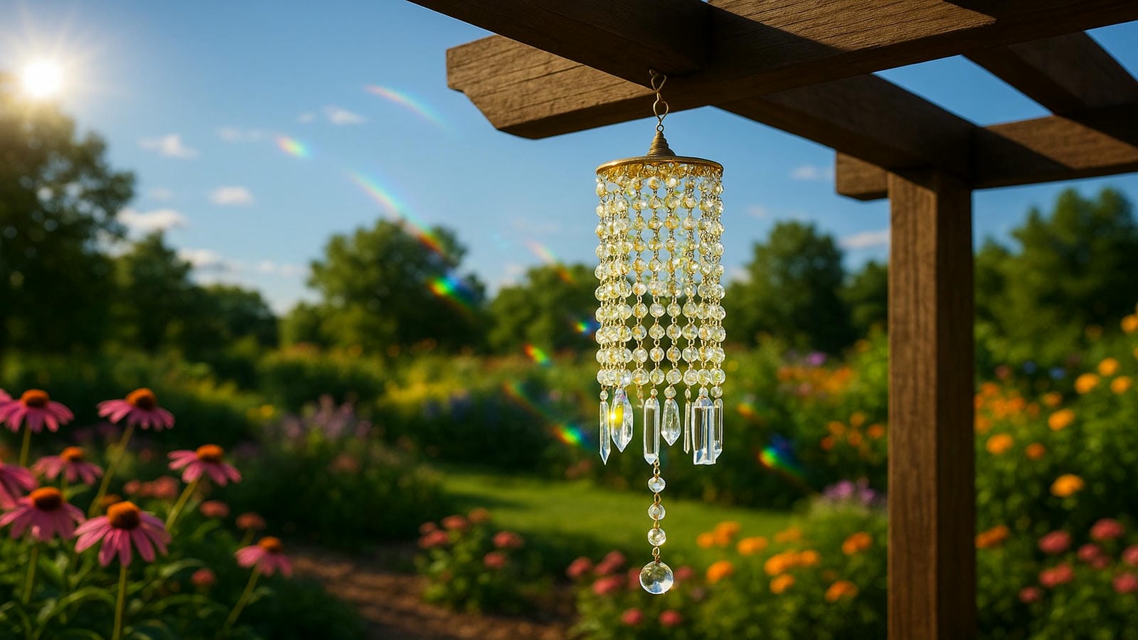 Crystal wind chimes hanging gracefully in a lush garden, with rainbow prisms, glowing sunlight, and blooming flowers   symbolizing harmony, light energy, and peaceful Feng Shui flow