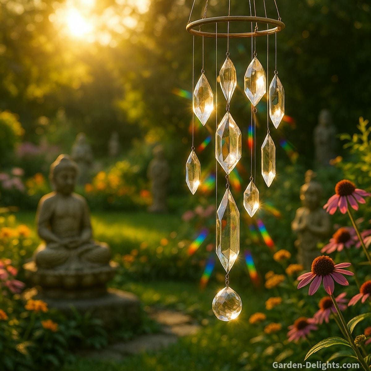 crystal wind chimes in sunlight creating calm energy flow