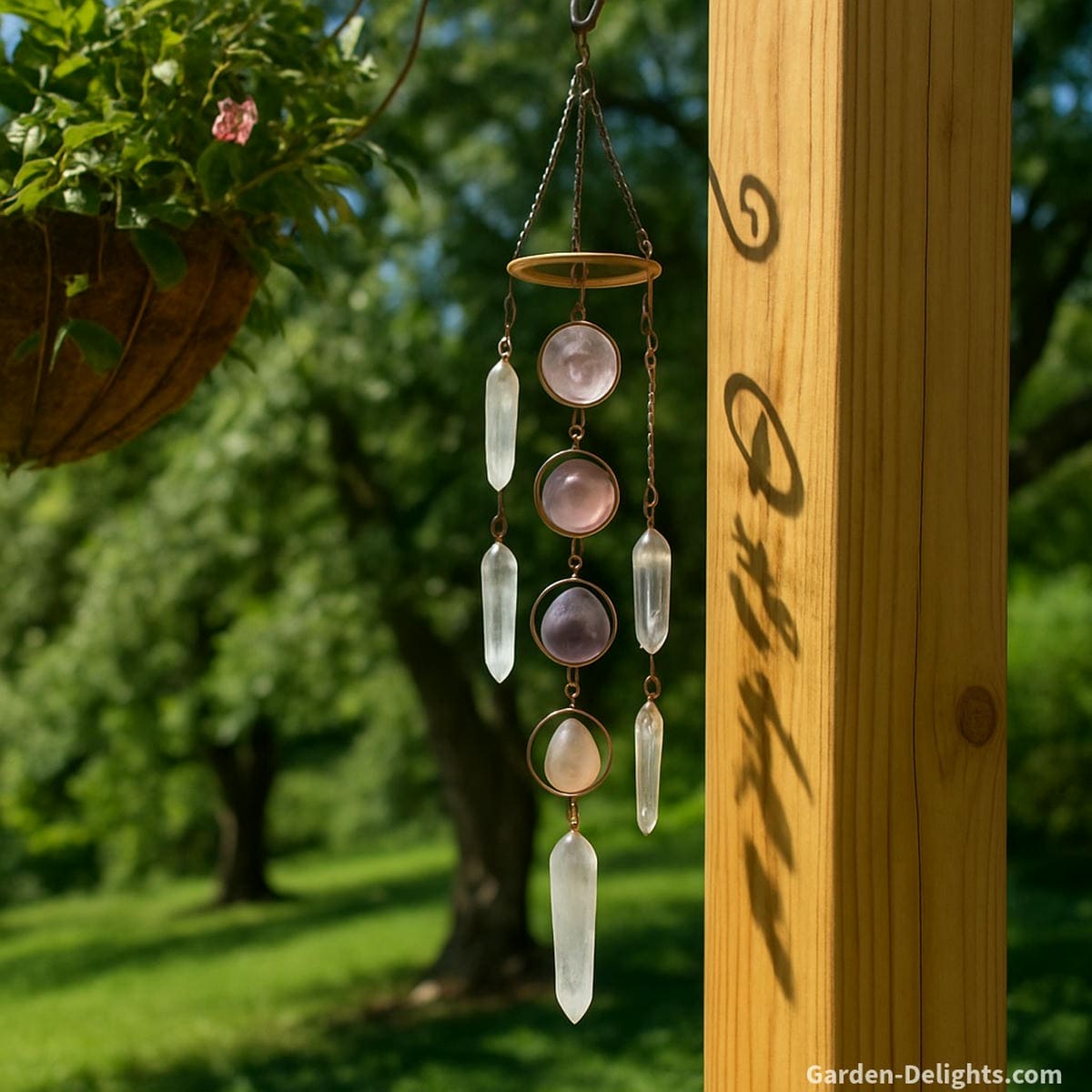crystal wind chimes with quartz and selenite in garden airflow
