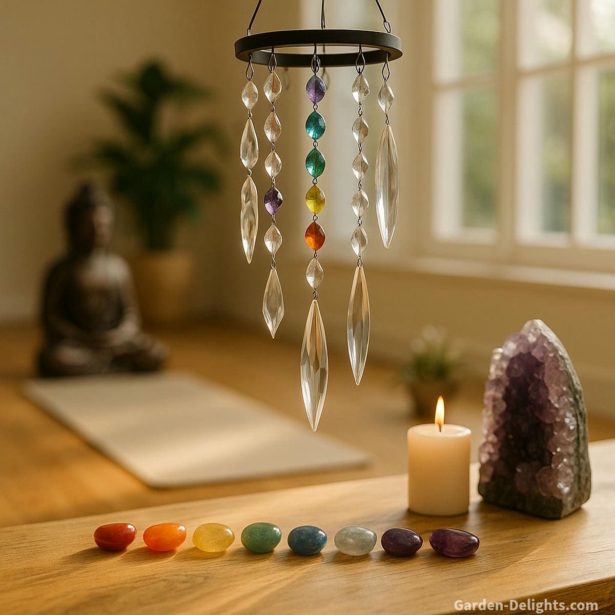 crystal wind chimes in meditation space with soft tone