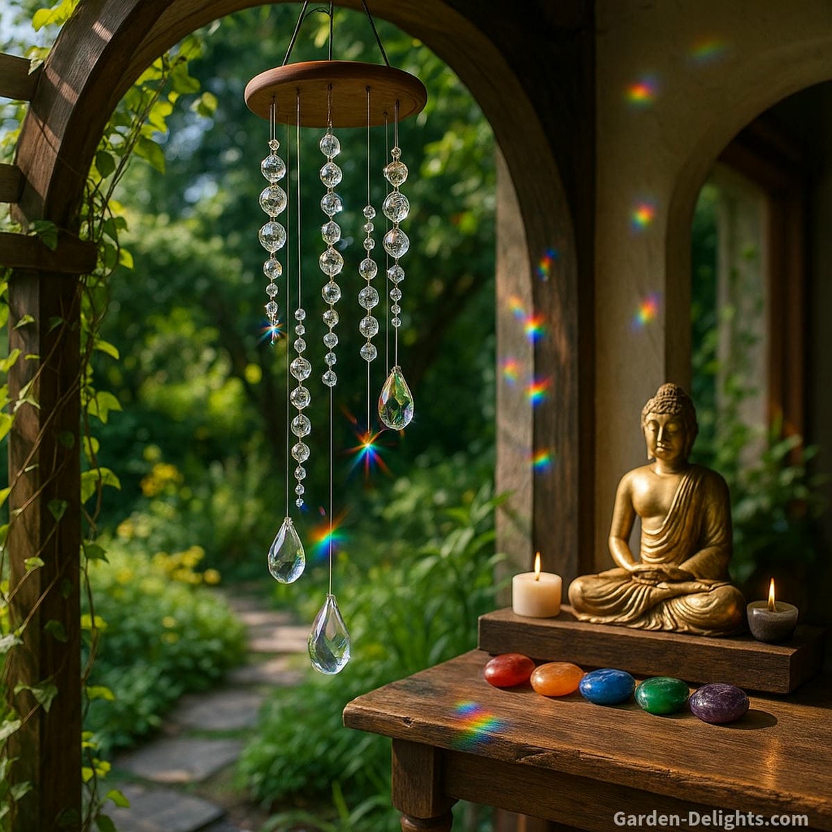 Crystal wind chimes hanging in a Feng Shui healing garden, near a meditation altar and reflective chakra stones casting rainbow prisms, enhancing emotional clarity, and resonating with energy-balancing sound vibrations