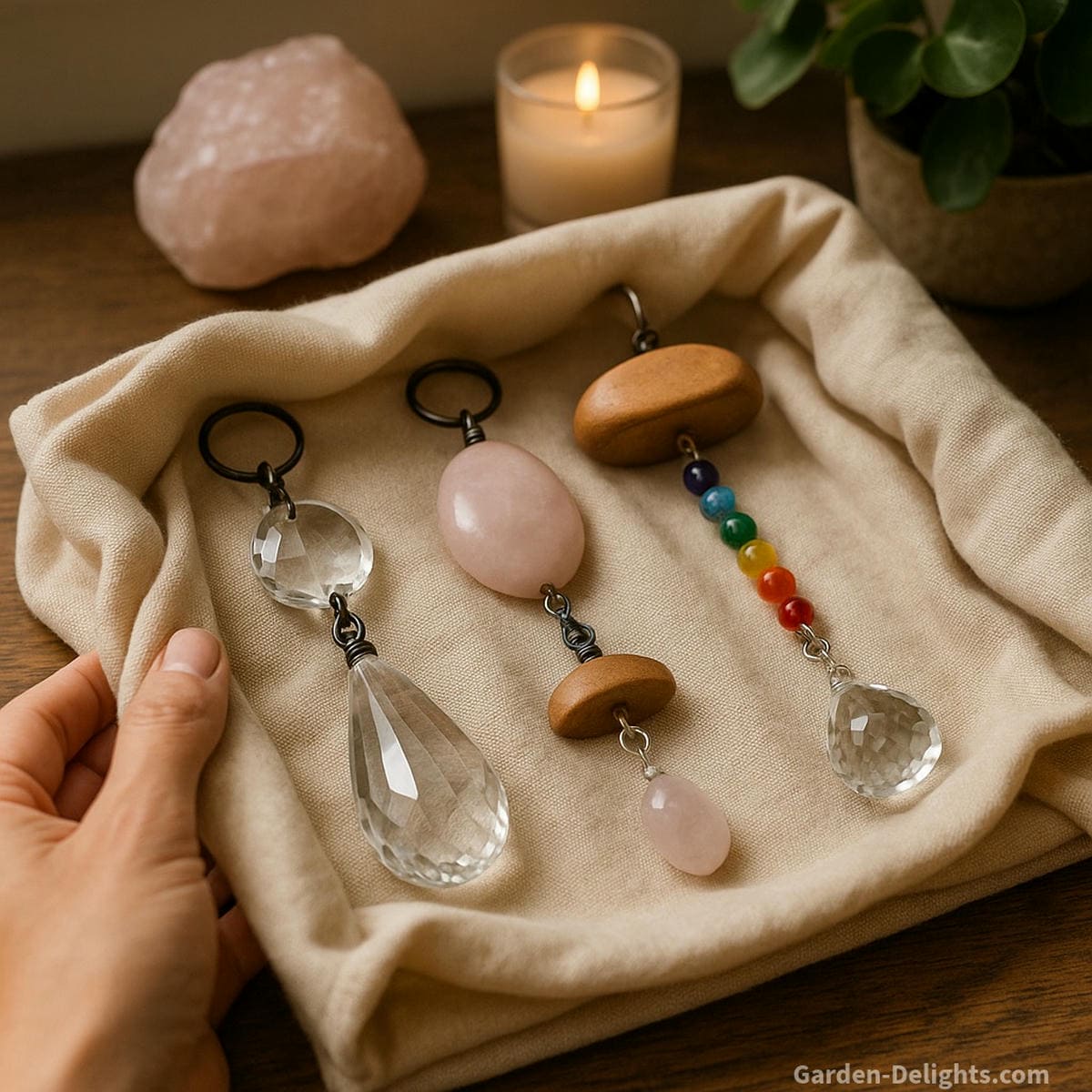 Storing crystal wind chimes with care soft padded cloth wrapping rose quartz, clear quartz, and chakra stones in a spiritual home setting to protect energy and seasonal light resonance