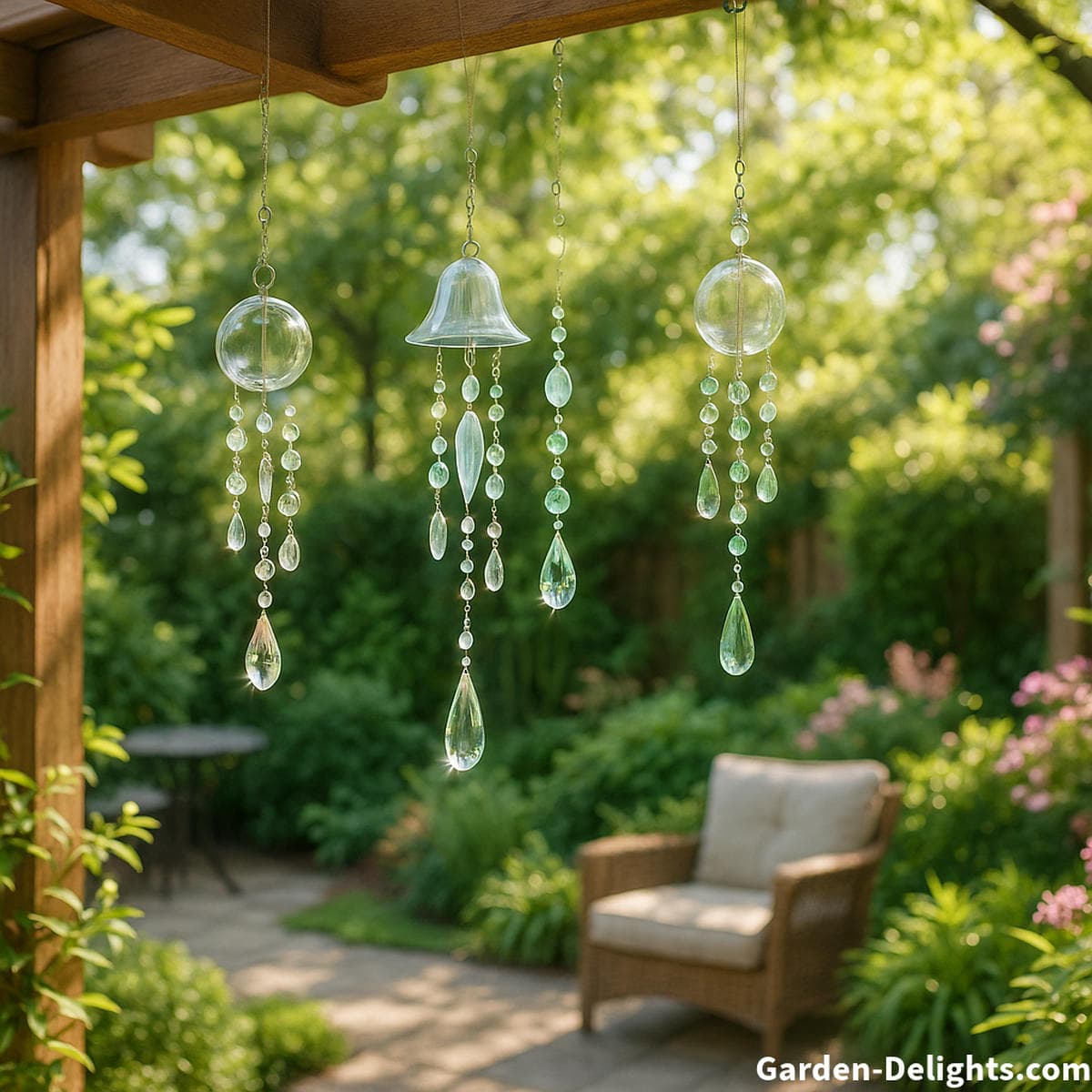 Crystal wind chimes catching sunlight in a tranquil garden, symbolizing aura cleansing and energy clarity