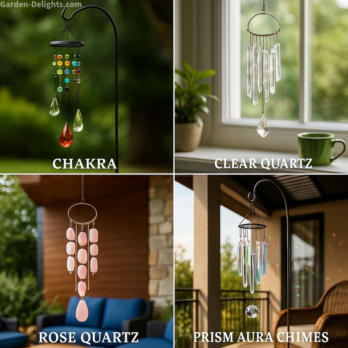 Four types of crystal wind chimes displayed in spiritual settings chakra sets in energy gardens, clear quartz by meditation windows, rose quartz on healing porches, and prism aura chimes on sunlit balconies each radiating sound, light, and sacred intention