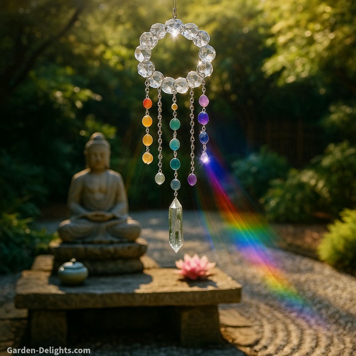 Crystal wind chimes made of faceted quartz and chakra stones reflecting sunlight over a Zen garden altar symbolizing chakra alignment, spiritual elevation, and healing resonance
