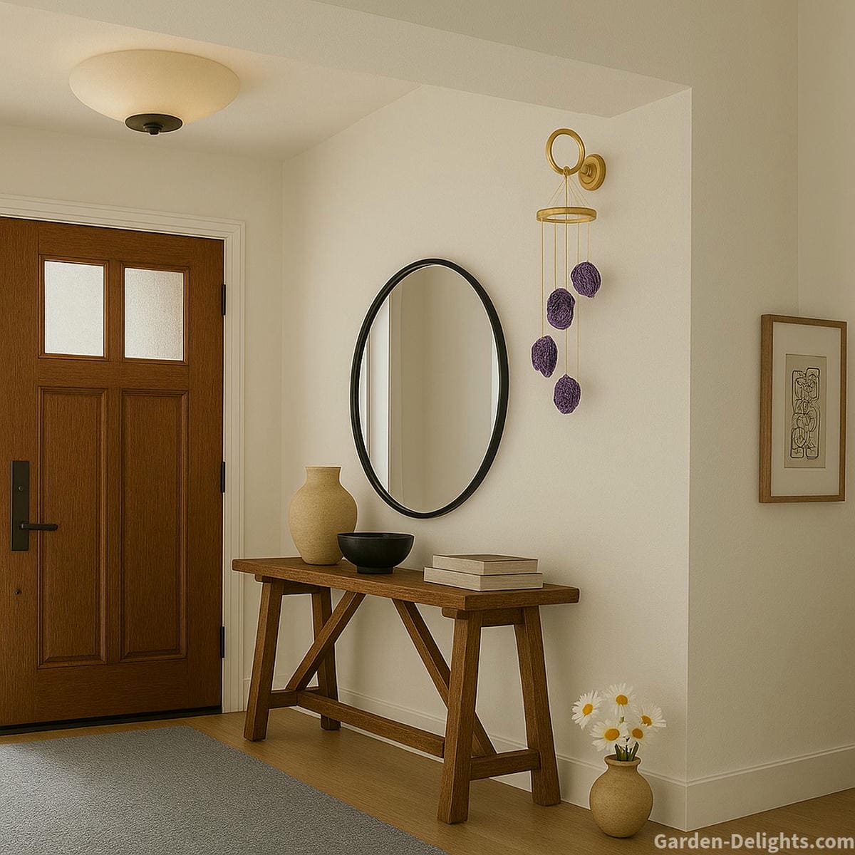 Small amethyst crystal wind chime hanging on a decorative wall hook in a warm wood entryway symbolizing Feng Shui protection, emotional clarity, gentle Chi flow, and soothing indoor energy healing