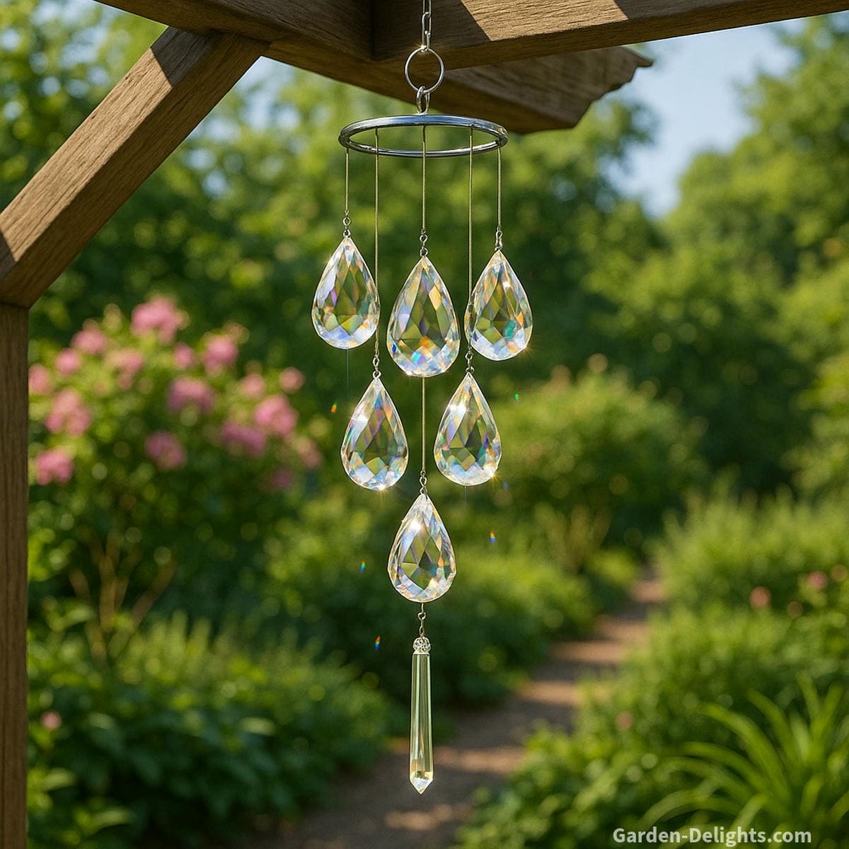 Outdoor crystal wind chimes sparkling in the garden breeze refracting rainbow prisms under a trellis and symbolizing harmony, weather-safe beauty, and elevated sound healing in nature