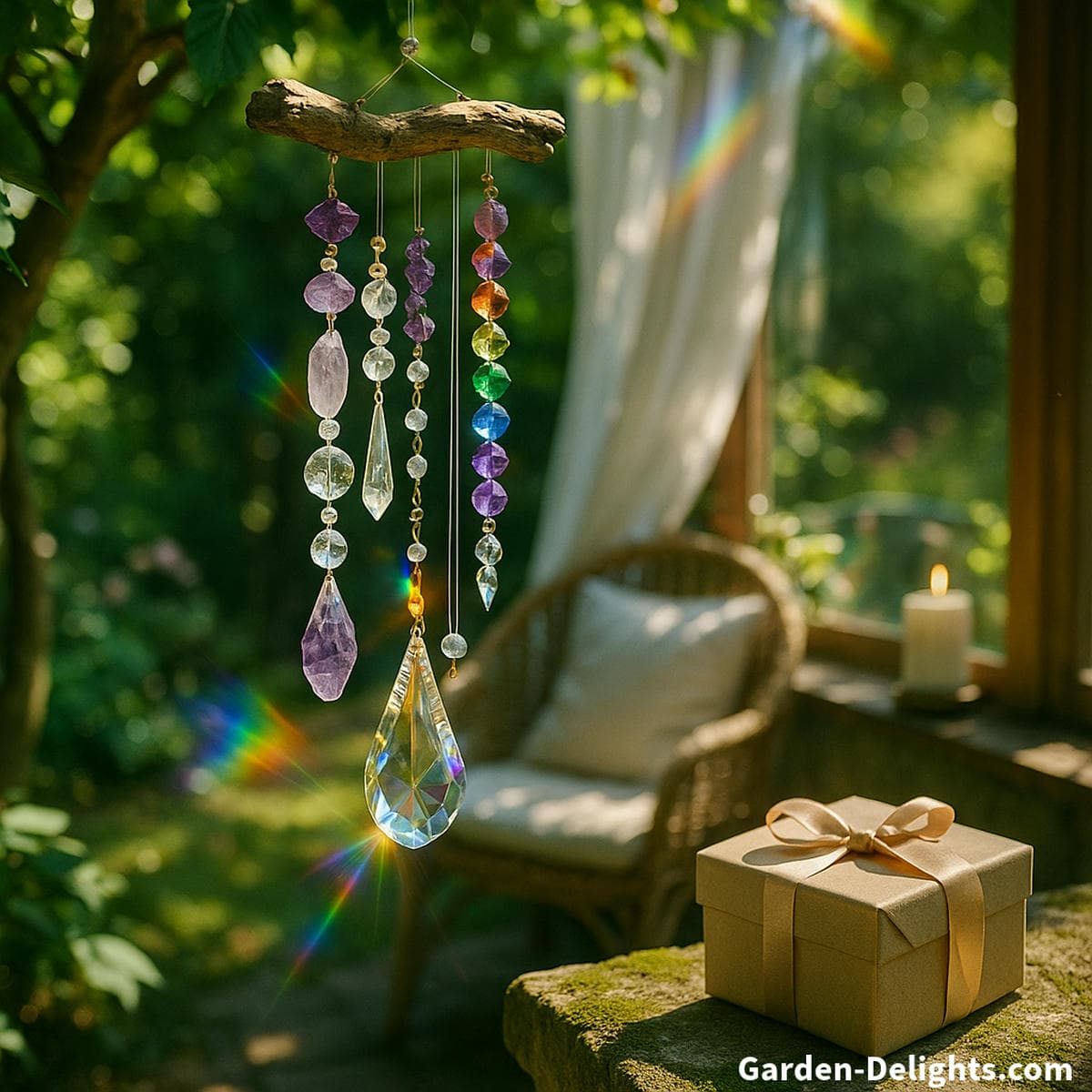 Crystal wind chimes reflecting light and sound in a tranquil Zen garden symbolizing chakra balance, emotional clarity, and Feng Shui healing energy