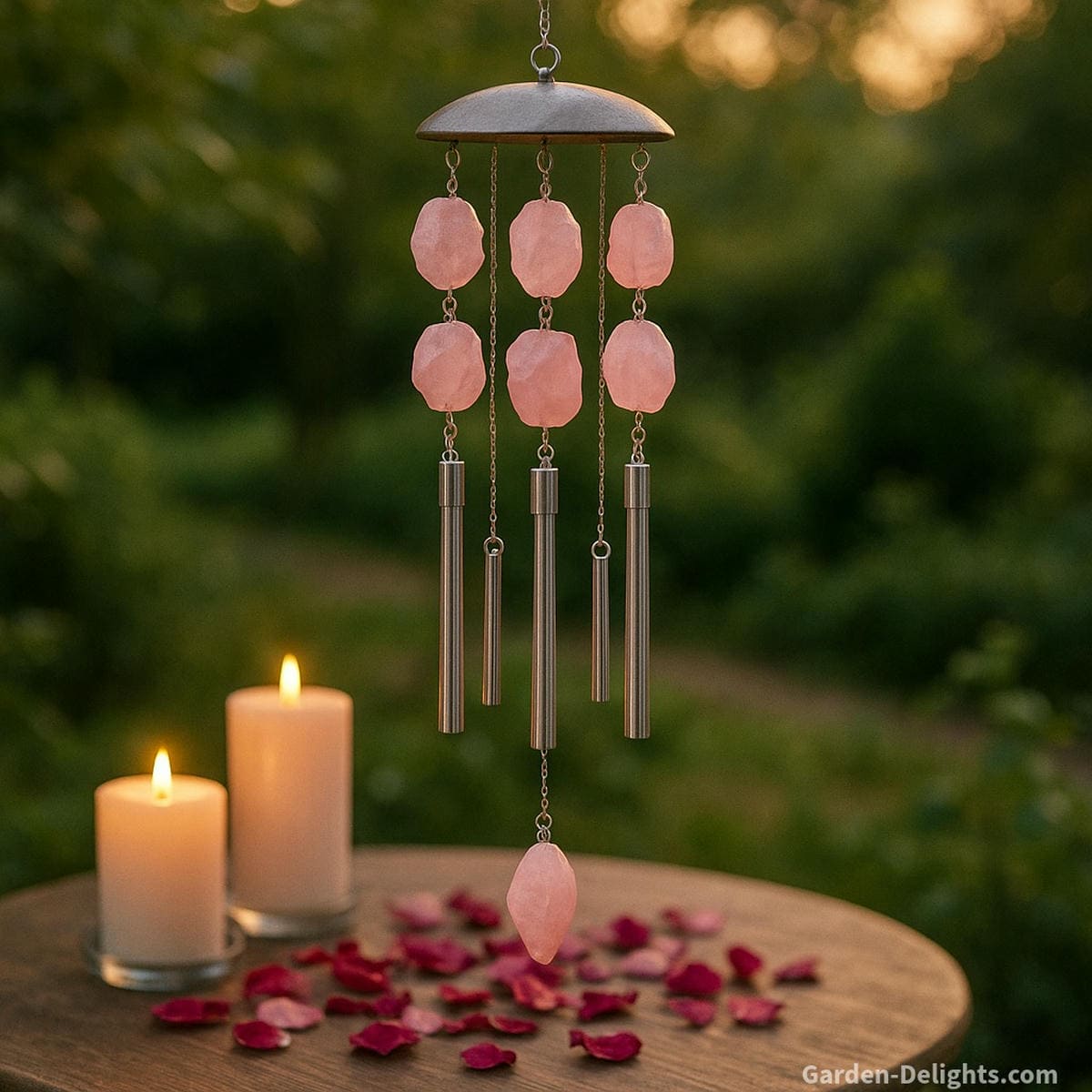 Rose quartz crystal wind chimes glowing with soft pink light, hanging above a peaceful garden table with candles and dried rose petals symbolizing heart chakra healing, emotional harmony, and compassionate energy flow