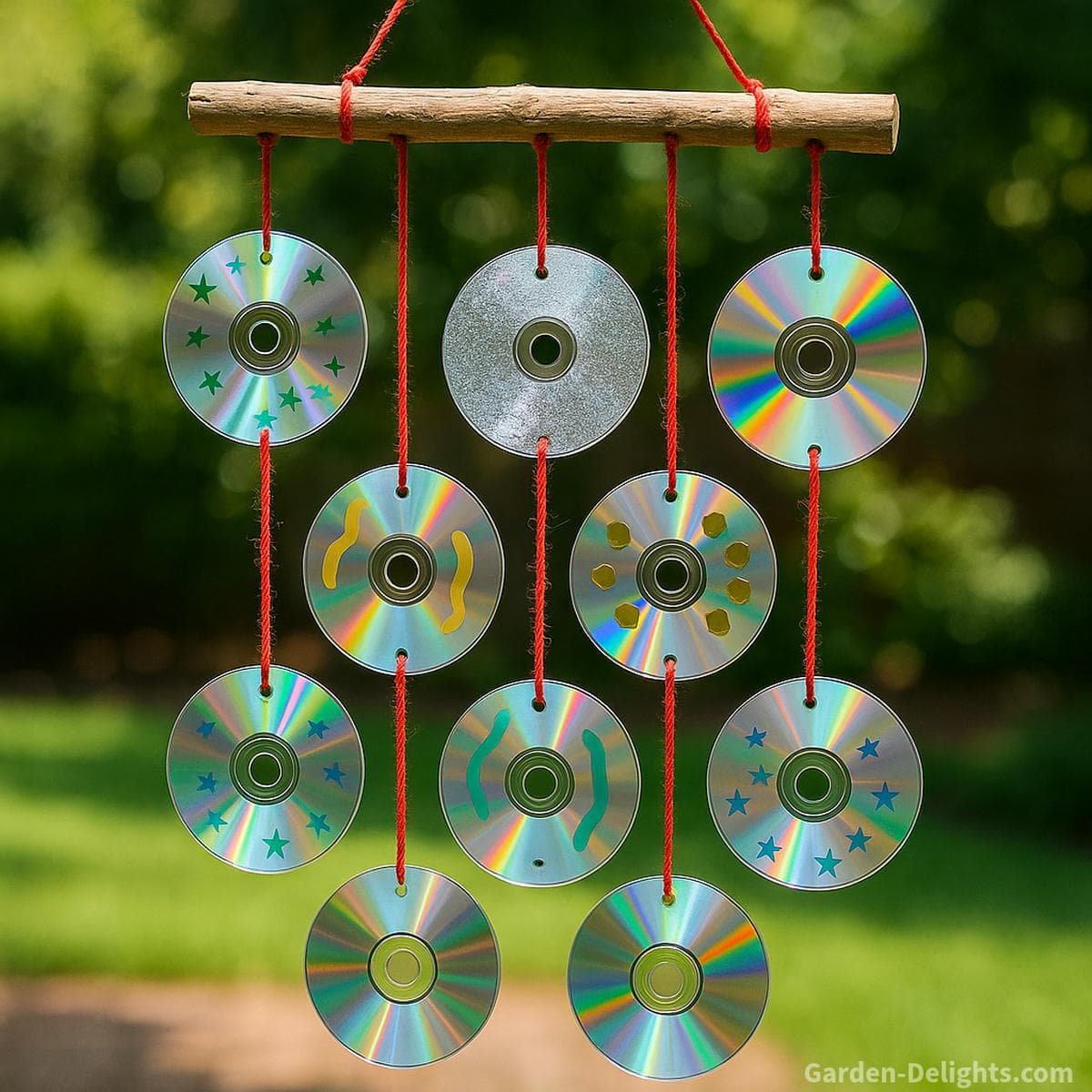 recycled CD wind chime reflecting light