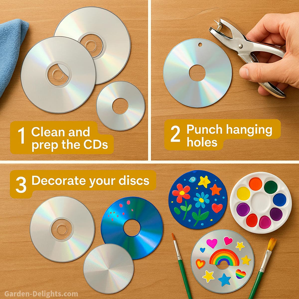 step by step DIY recycled CD wind chime tutorial showing how to clean compact discs punch holes and decorate reflective discs for Capiz style sun catcher wind chime craft