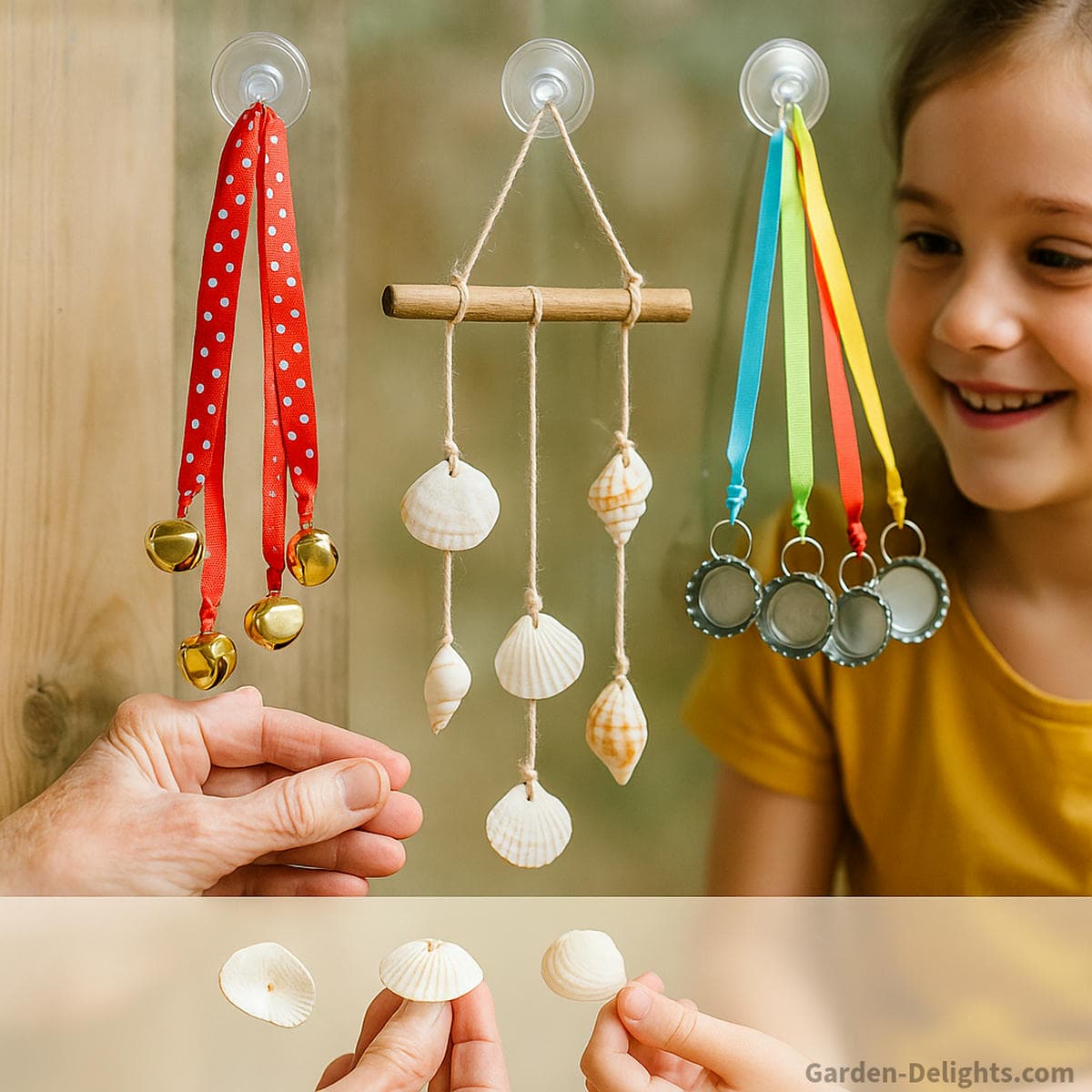 easy tool free DIY wind chimes made from ribbon shells bells and recycled craft materials showing beginner friendly wind chime crafts for kids classrooms seniors and sensory craft activities