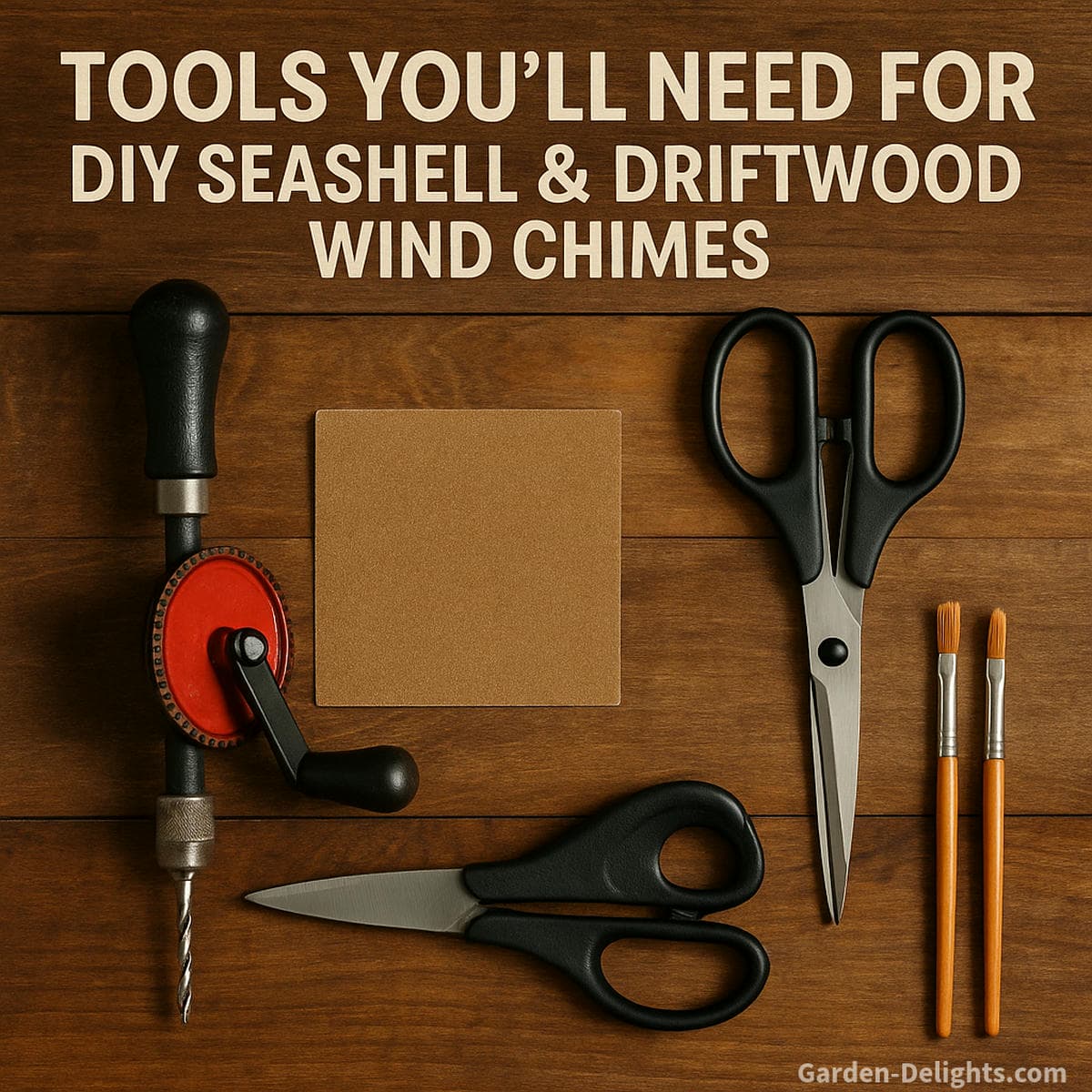 DIY seashell wind chime craft tools including awl scissors sandpaper and paintbrush used to make driftwood seashell wind chimes with twine fishing line and coastal beach materials