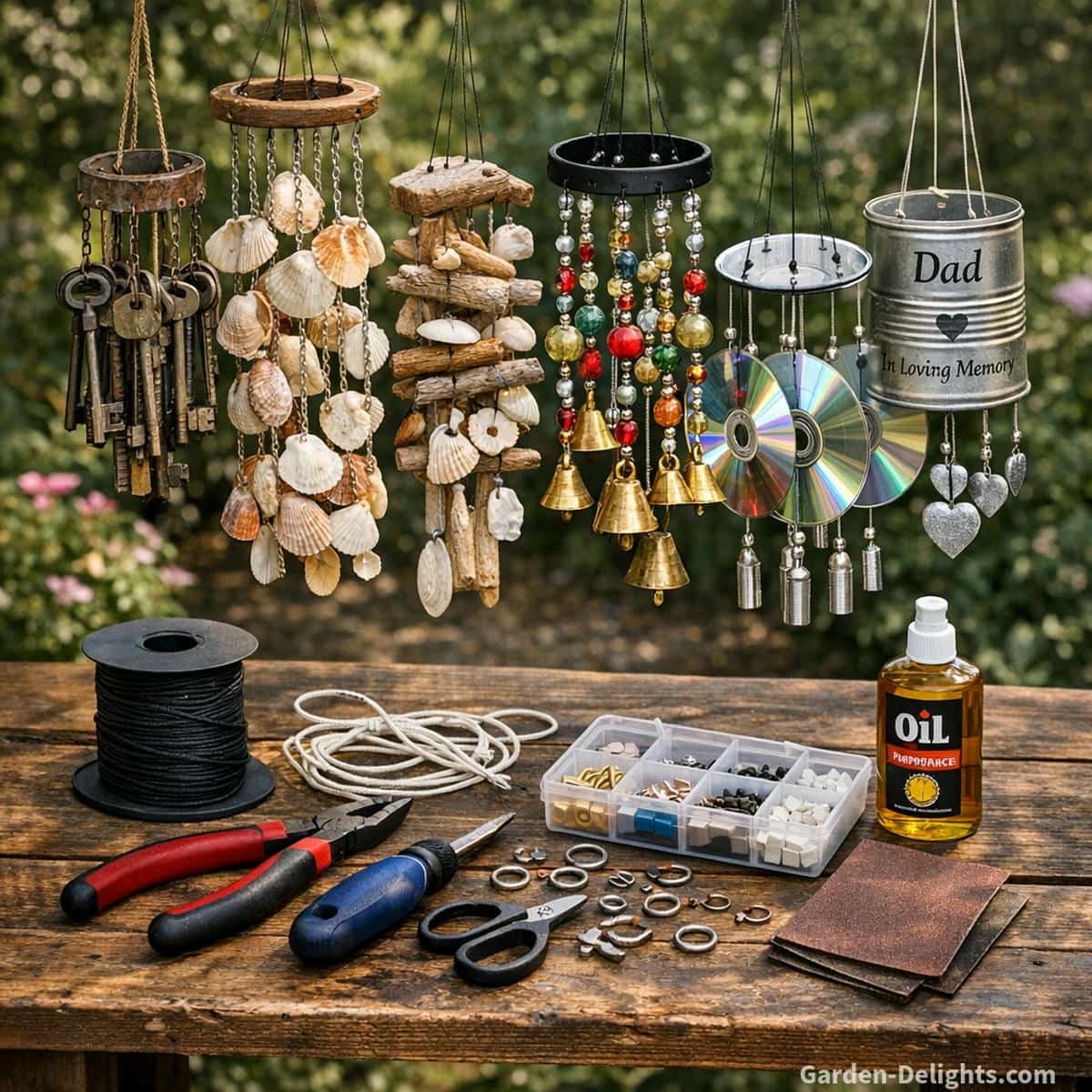 DIY wind chime care setup showing key wind chimes seashell driftwood chimes bead and bell chimes CD wind chimes and tin can memorial chimes arranged on a wooden table with repair tools nylon cord and connectors in a calm garden setting representing how to care for homemade wind chimes maintain sound balance and preserve meaningful handmade wind chime designs