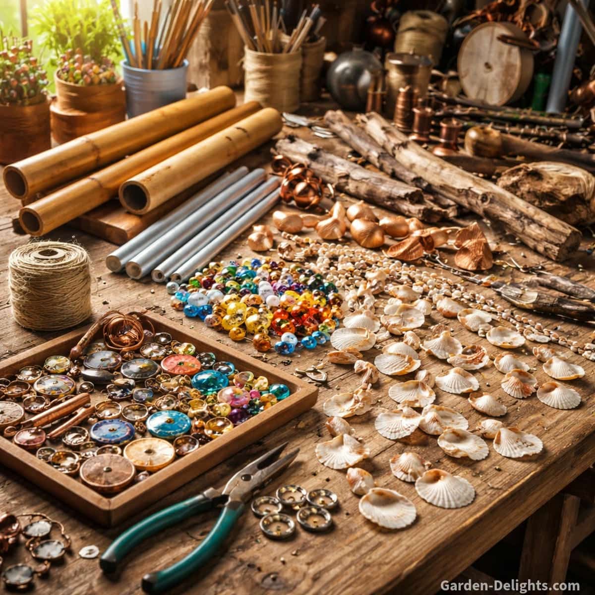 DIY wind chime materials arranged on a wooden crafting table including bamboo tubes aluminum rods copper pieces seashell strands glass beads ceramic discs driftwood and recycled metal parts used for building homemade wind chimes and creative STEAM wind chime projects