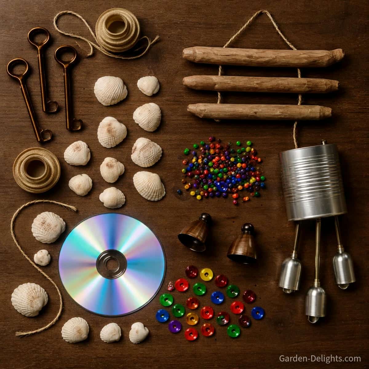 DIY wind chime project ideas display including recycled key wind chimes seashell driftwood chimes rainbow bead bell chimes tin can memorial chimes and capiz style CD wind chimes showing creative homemade wind chime craft projects for gardens classrooms and healing spaces