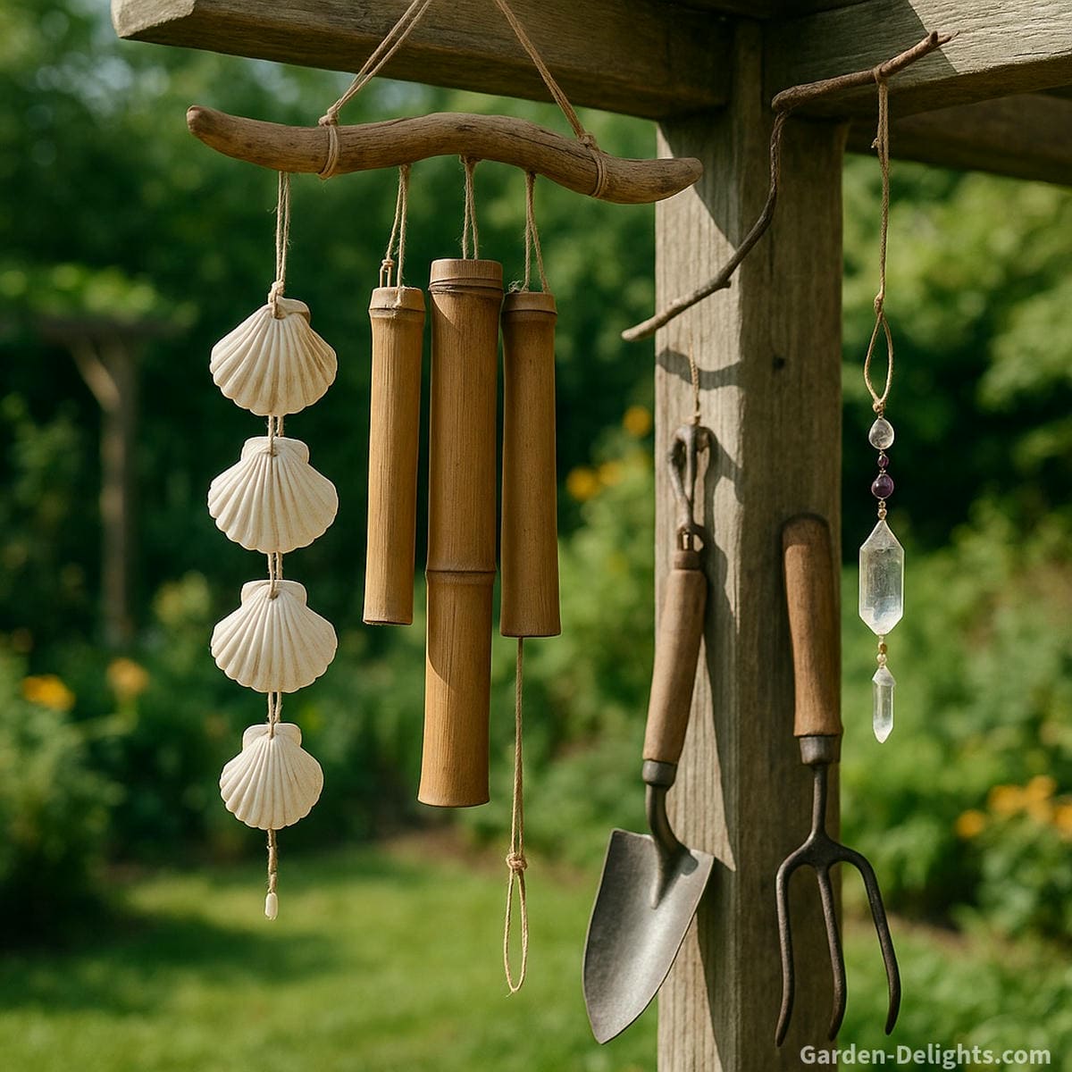 DIY wind chimes made with natural garden materials like bamboo shells and crystals offering creative outdoor tone and personalized decorative movement