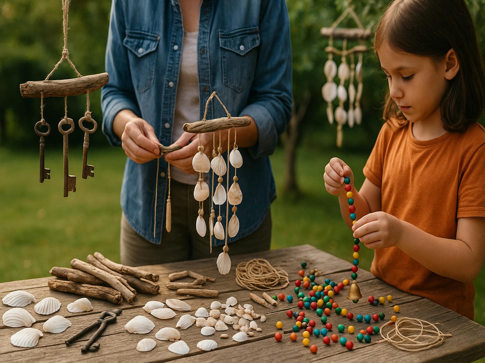 DIY wind chime projects made with recycled keys driftwood seashells beads and upcycled materials created outdoors by kids and adults for sensory play emotional healing memorial wind chimes and peaceful garden patio decor with soft calming sound