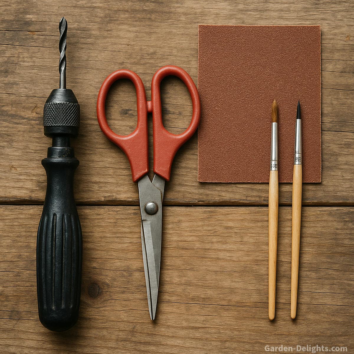 DIY wind chime craft tools including hand drill scissors sandpaper and paint brushes arranged on a wooden table for building recycled key wind chimes and handmade wind chime projects