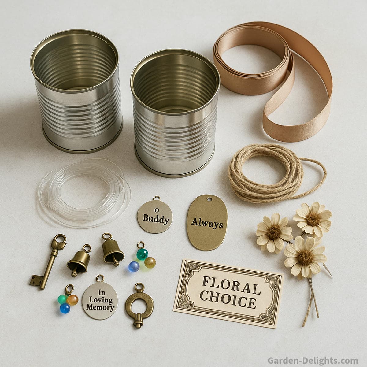 DIY tin can memorial wind chime materials including recycled metal cans engraved tags ribbon twine charms and bells arranged for a remembrance craft that creates soft metallic sound and symbolic memory decor