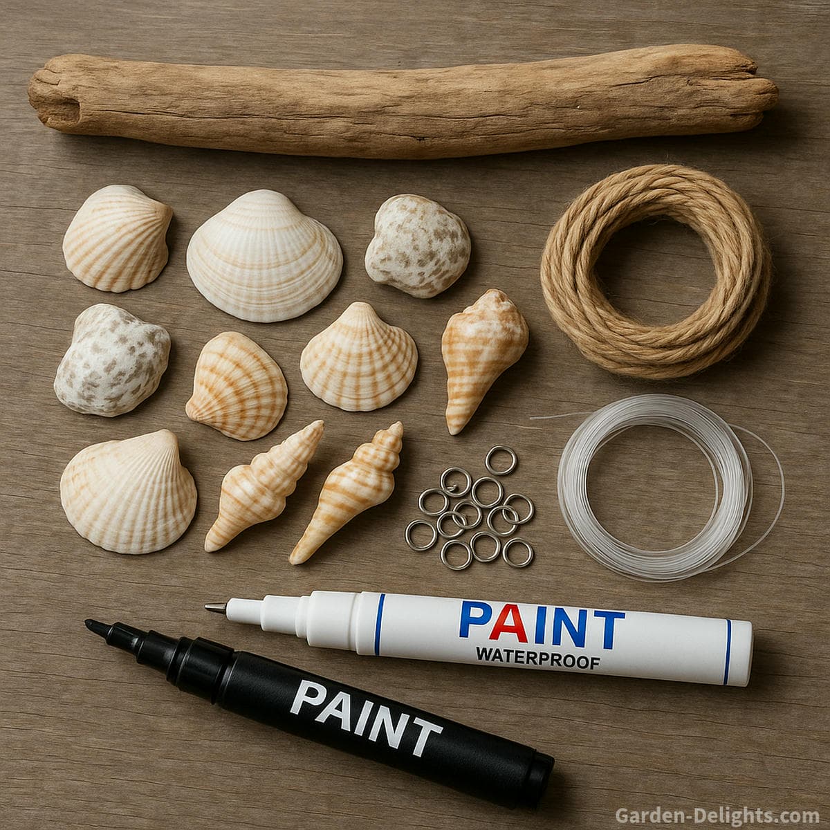 materials for DIY seashell wind chimes including driftwood seashells twine fishing line sea glass beads and natural beach shells used to build handmade coastal wind chime crafts