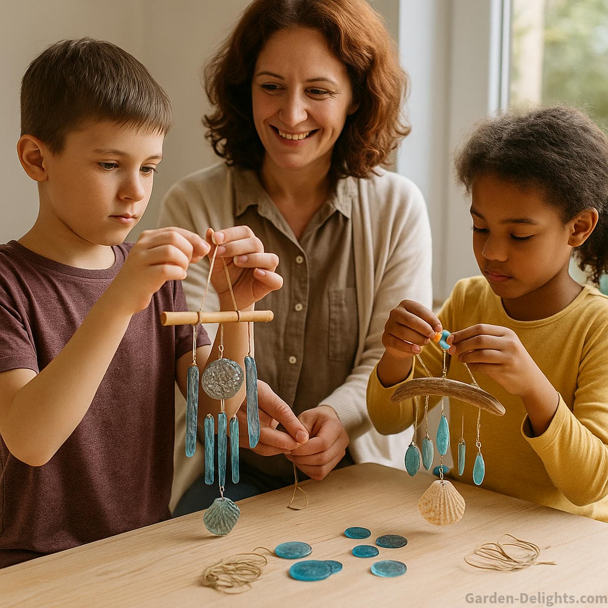 children creating sensory DIY wind chime projects using bamboo resin shells and textured materials supporting autism friendly crafts calming sound therapy and inclusive sensory learning activities