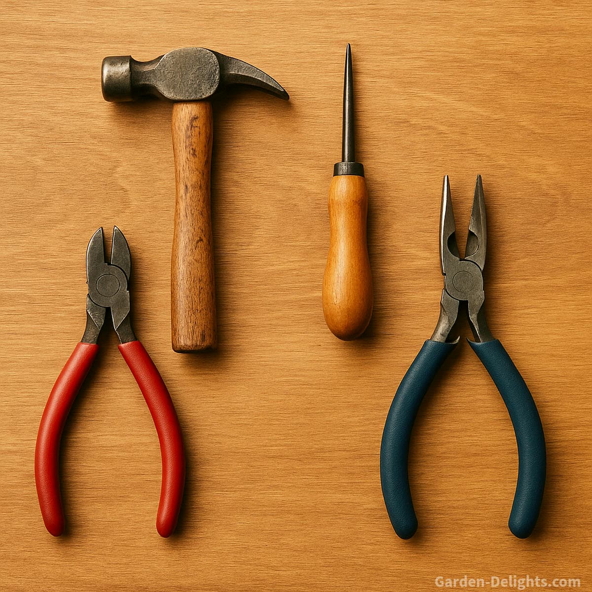 DIY tin can memorial wind chime tools including hammer awl pliers and wire cutters arranged on a crafting surface for building a remembrance wind chime with safe metal handling and gentle assembly