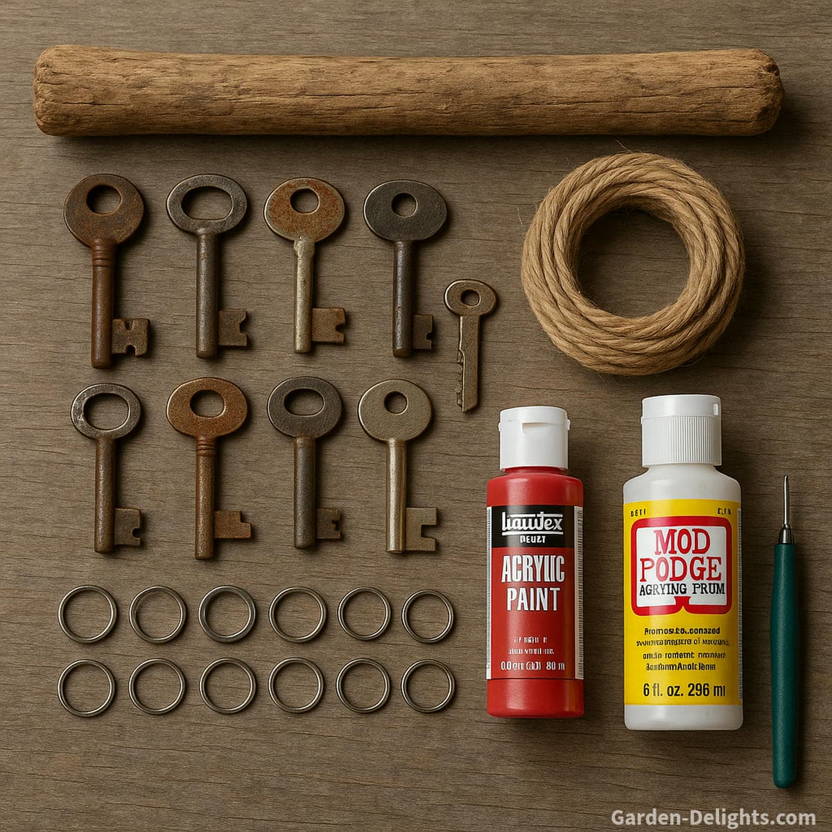DIY upcycled key wind chime materials including recycled house keys driftwood twine jump rings paint and Mod Podge arranged for a rustic handmade wind chime craft project