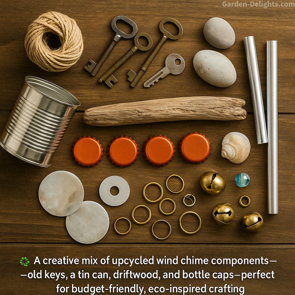 upcycled DIY wind chime supplies including old keys bottle caps metal washers driftwood and colorful craft connectors arranged on a crafting table for homemade wind chime building and eco friendly STEAM craft projects