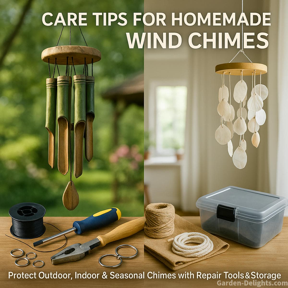DIY wind chime care and maintenance showing homemade wind chimes protected from rain sun and rust with repair tools cleaning supplies and seasonal storage methods to preserve sound tone and durability