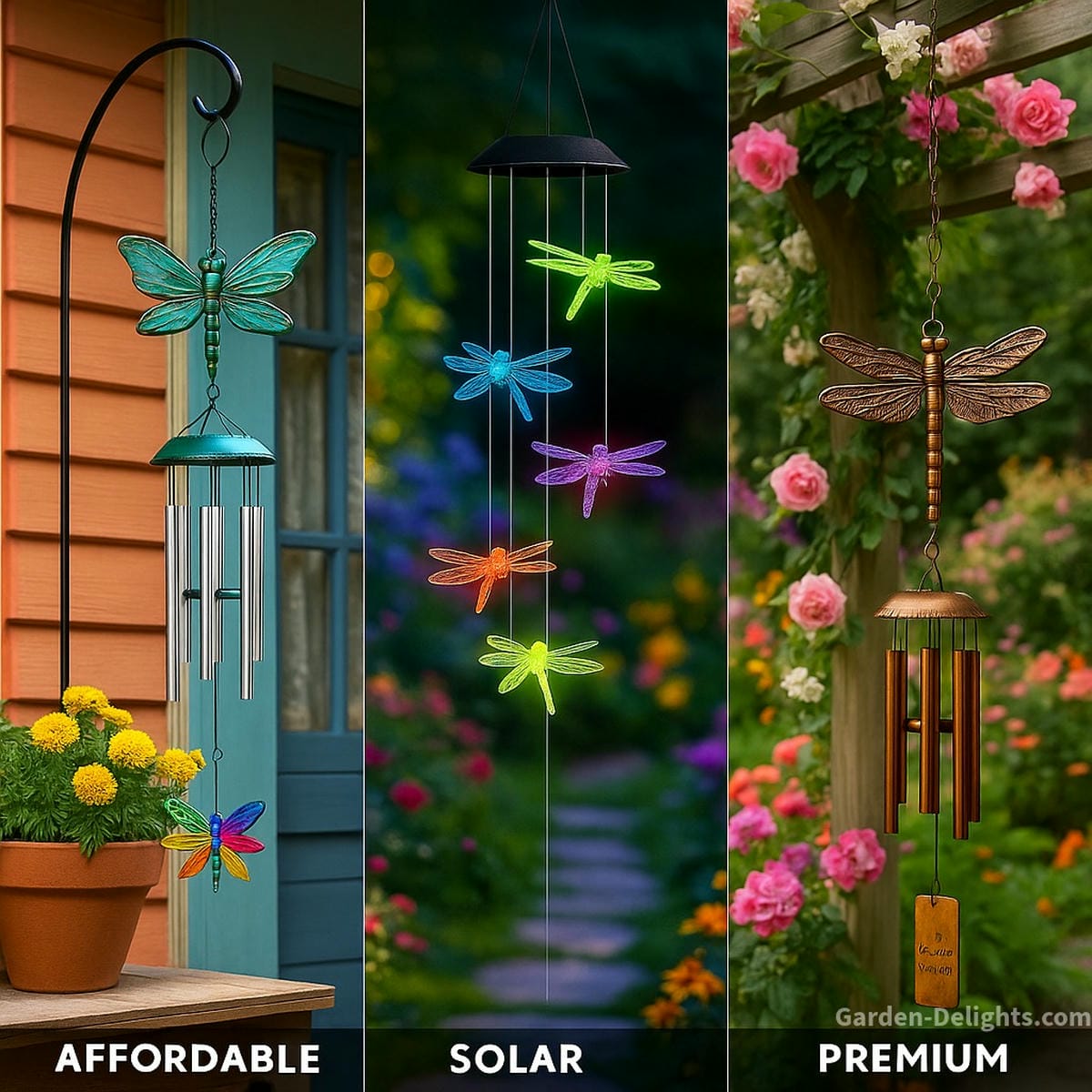 Dragonfly wind chimes displayed by cost and quality level  from colorful resin chimes on a small porch to glowing solar styles in a seasonal garden, and a copper memorial chime by a blooming trellis