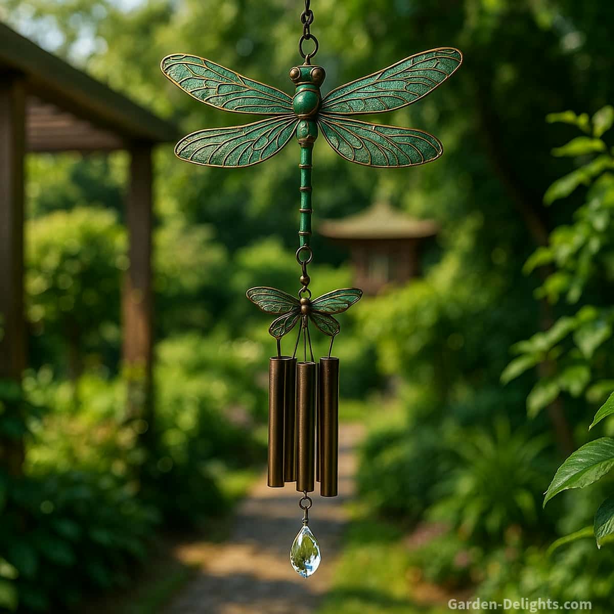 Artistic dragonfly wind chimes with antique wings and bronze chimes hanging near a peaceful garden pergola symbolizing emotional transformation, Chi clarity, and Feng Shui alignment through sound and sunlight