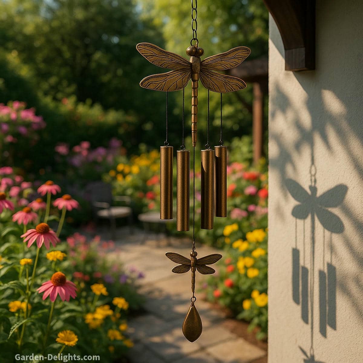 Dragonfly wind chimes glowing in soft porch light with gentle movement that symbolizes transformation spiritual renewal and calming airflow for peaceful patio and garden entry spaces