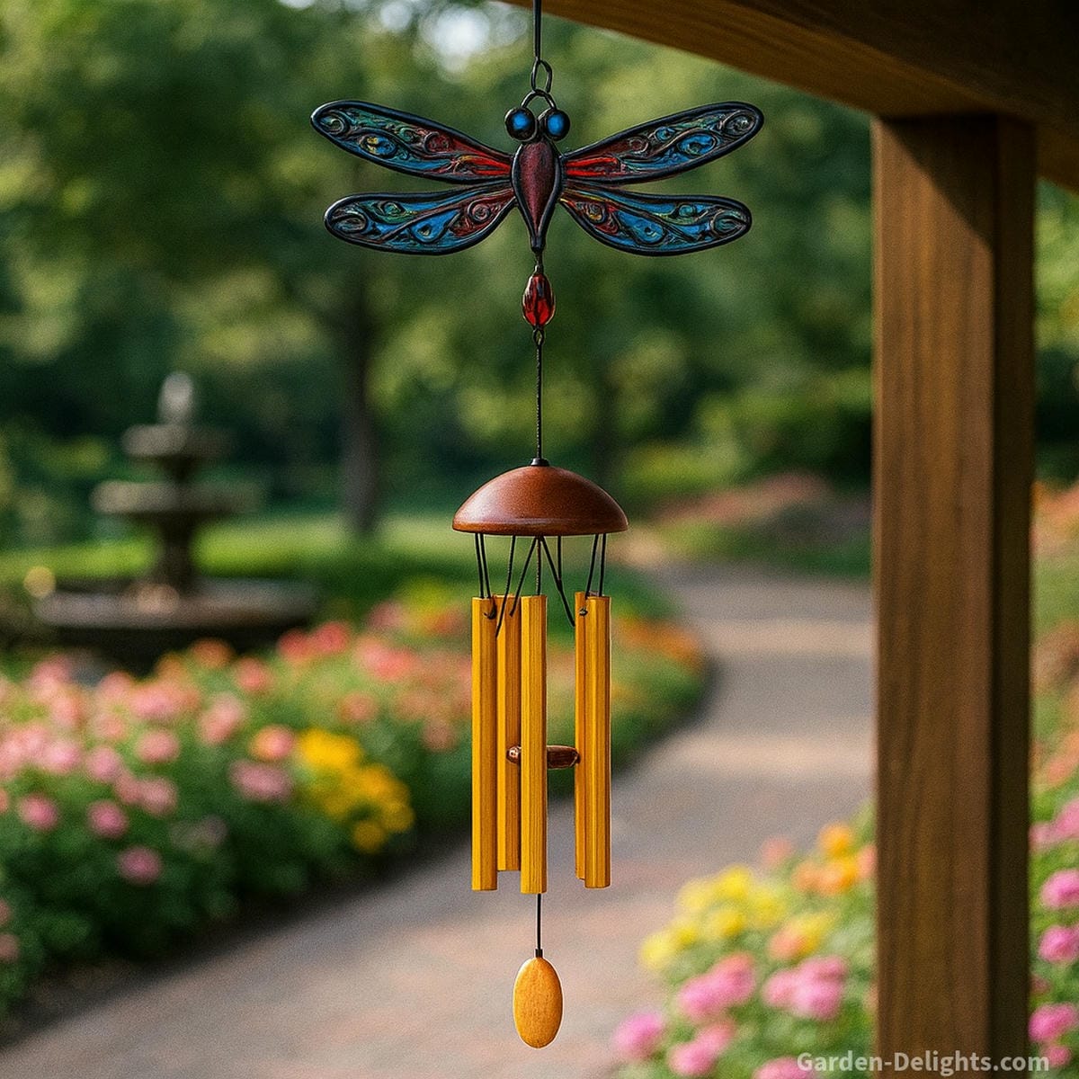 Dragonfly wind chimes with stained glass wings and copper tubes hanging near a front door, balcony corner, and garden path  ideal for Feng Shui energy flow, symbolic healing, and emotional resonance in sacred outdoor placements